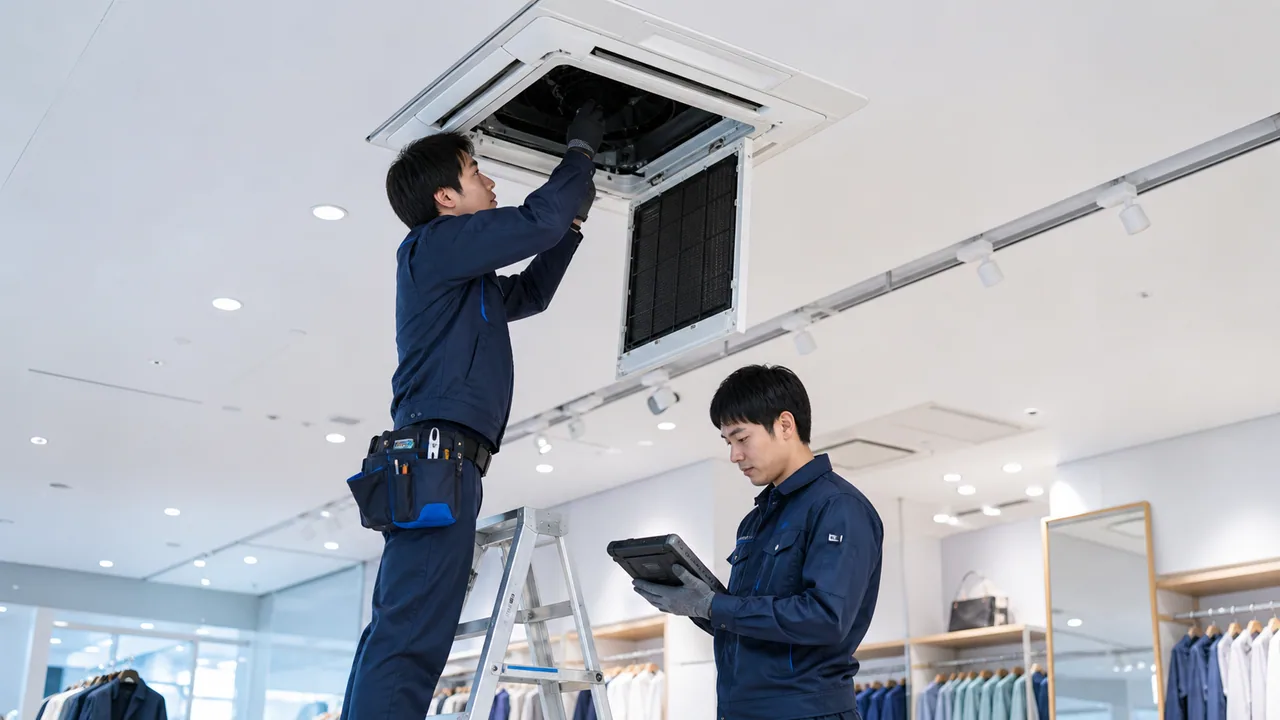 店舗で天井カセット型エアコンを点検するスタッフ
