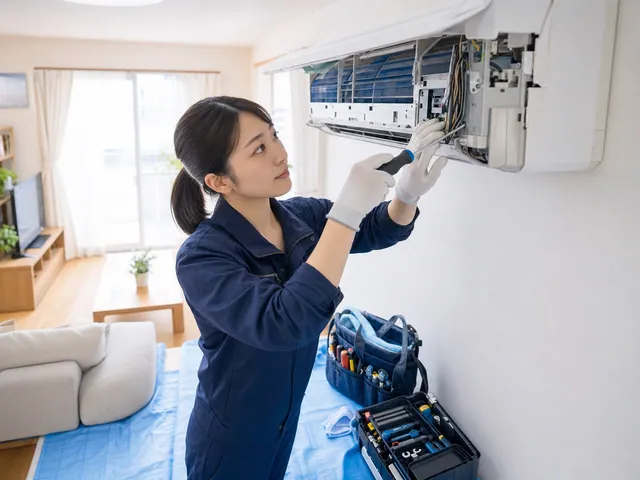 家庭用エアコンを修理する女性スタッフ