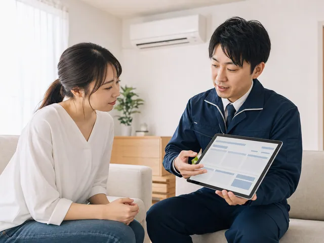 タブレットを使って修理内容と料金を説明するスタッフ
